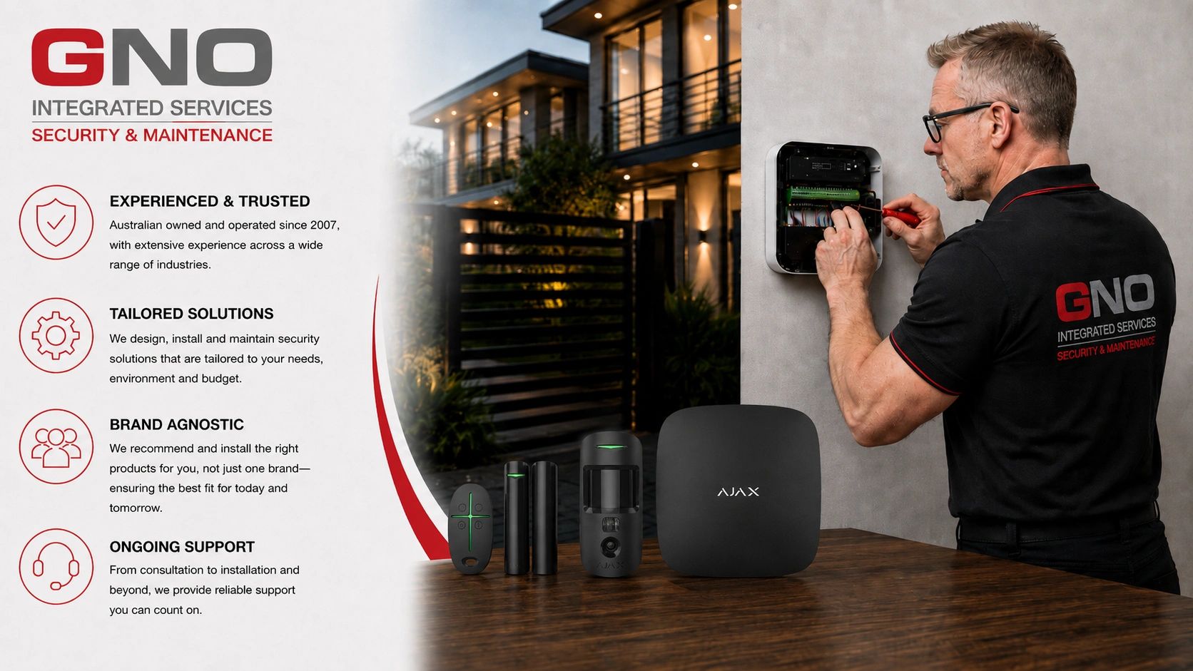 Technician working on home security system with GNO Integrated Services branding.