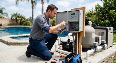 Technician repairing pool equipment outdoors near a swimming pool.