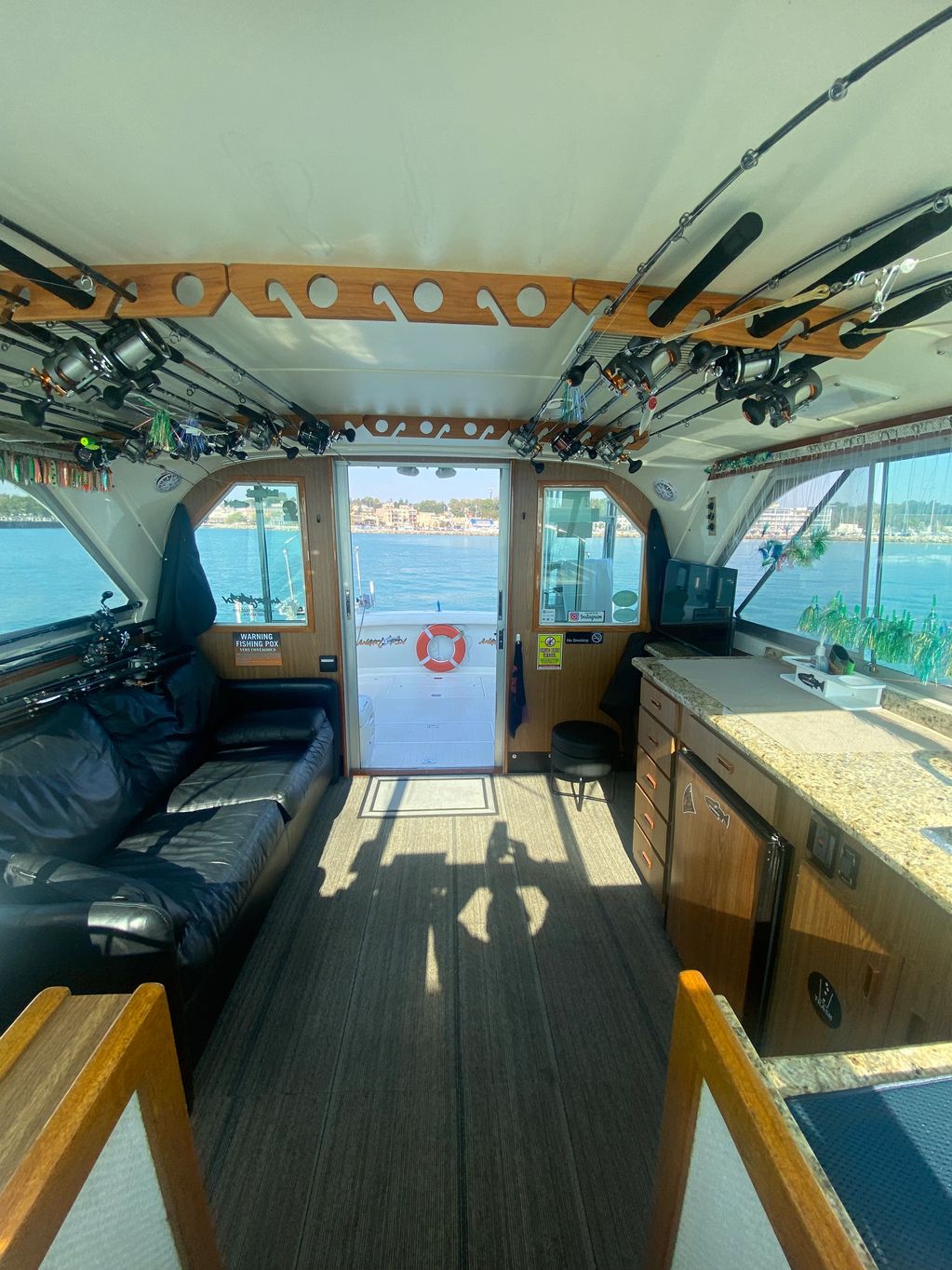 Cabin of the Angry Fin, a 35' Bertram Sportfisherman. Perfect for Charter fishing on Lake Michigan.
