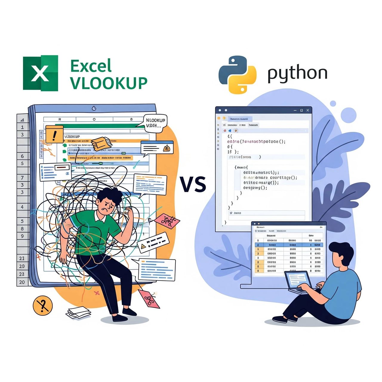 Humorous illustration comparing the frustration of using VLOOKUP in Excel (tangled formulas, errors, chaos) with the ease and efficiency of merging data using Python (clean code, smooth workflow). Ideal for articles on data analysis, Excel limitations, Python for data science, and transitioning from spreadsheets to programming. Humorous illustration comparing the frustration of using VLOOKUP in Excel (tangled formulas, errors, chaos) with the ease and efficiency of merging data using Python (clean code, smooth workflow). Ideal for articles on data analysis, Excel limitations, Python for data science, and transitioning from spreadsheets to programming.