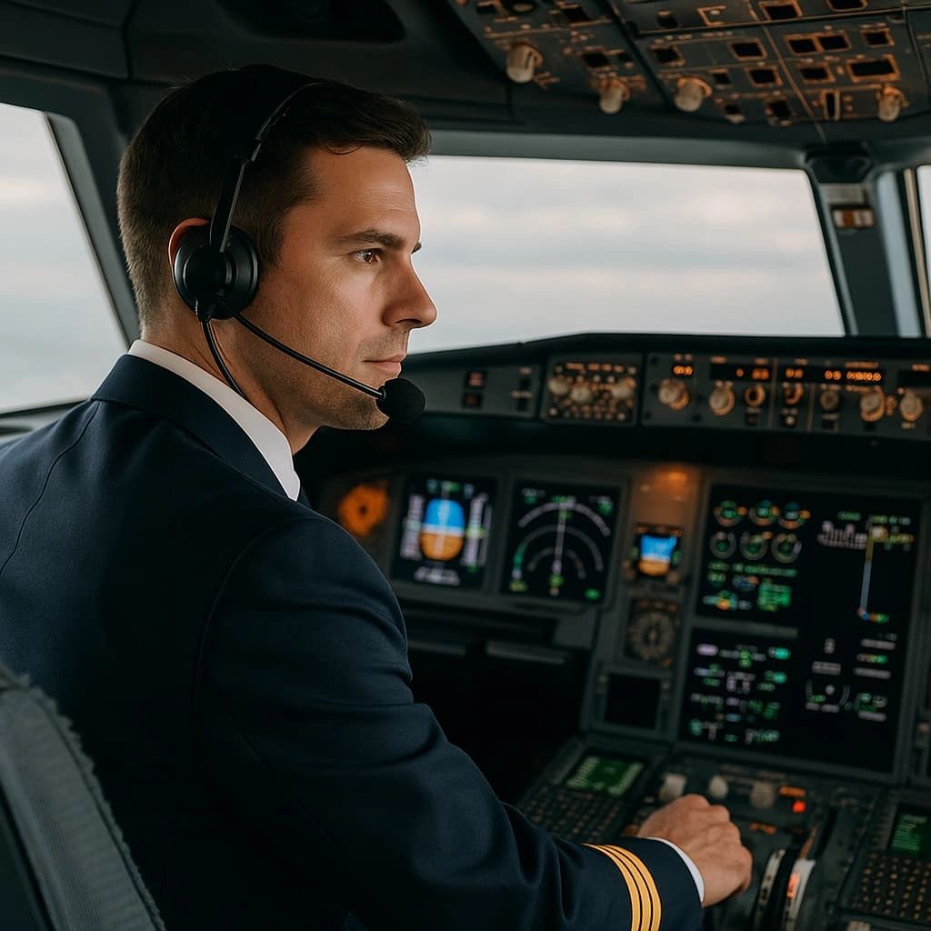 A professional co-pilot in a modern airplane cockpit, dressed in a crisp navy-blue uniform with gold stripes, focused on flying. Surrounded by an array of illuminated instruments and flight displays, the image symbolizes control, precision, and guidance. This visual metaphor represents Python acting as a data automation co-pilot, supporting Excel users with complex, repetitive tasks through smart, efficient scripting. Ideal for themes of automation, productivity, and technical support.