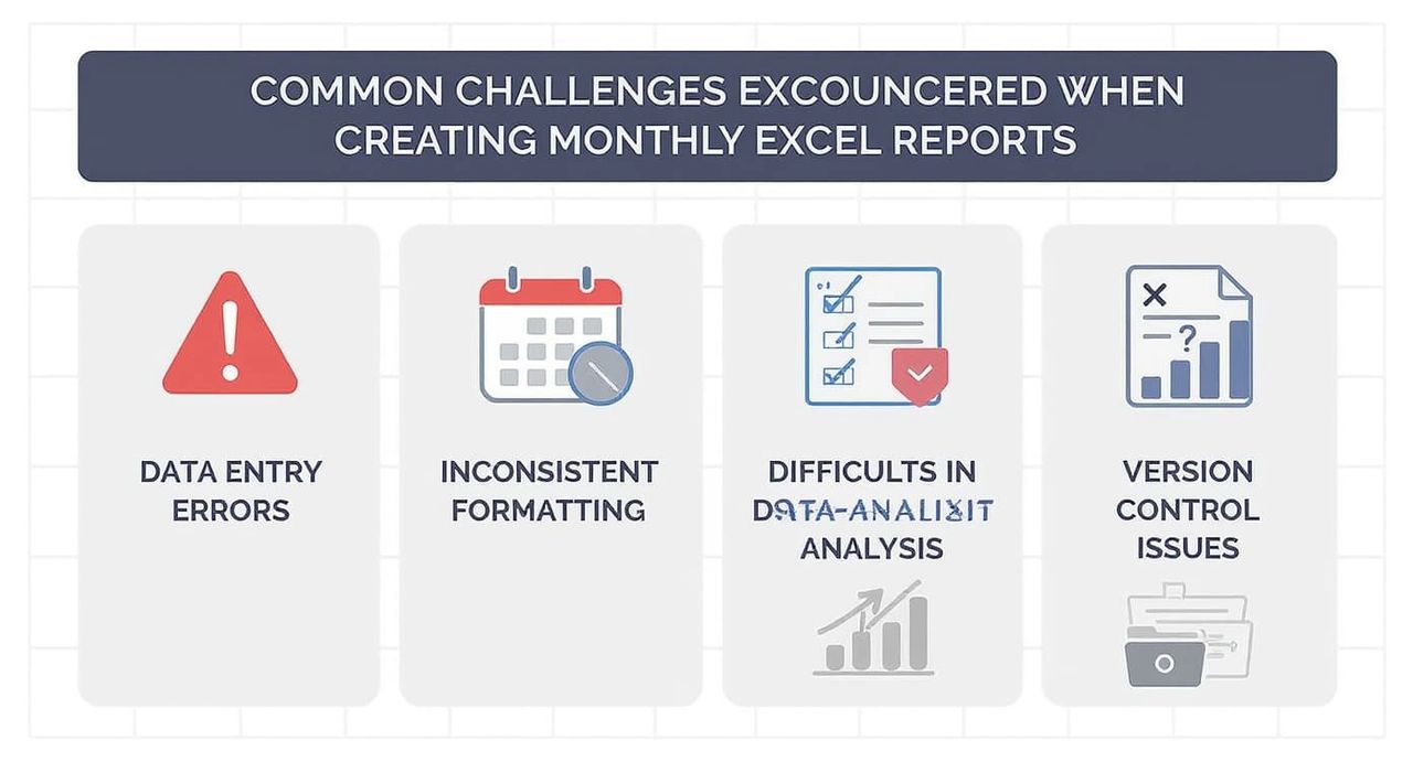 This infographic highlights the four most common challenges businesses face when creating monthly Excel reports: data entry errors, inconsistent formatting, difficulties in data analysis, and version control issues. These pitfalls often lead to reporting inefficiencies, formula errors, and unreliable business insights. As described in the article, automating these processes with tools like Python can significantly improve accuracy, scalability, and reporting efficiency. This infographic highlights the four most common challenges businesses face when creating monthly Excel reports: data entry errors, inconsistent formatting, difficulties in data analysis, and version control issues. These pitfalls often lead to reporting inefficiencies, formula errors, and unreliable business insights. As described in the article, automating these processes with tools like Python can significantly improve accuracy, scalability, and reporting efficiency.