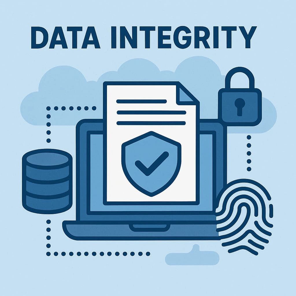 Illustration emphasizing the importance of data integrity in monthly Excel reporting. The image shows secure data practices with a shield-protected document on a laptop, database icon, fingerprint, and padlock—symbolizing the need for accuracy, consistency, and error-free data. As discussed in the article, manual data entry and lack of standardization in Excel can compromise data integrity, making automation with Python a powerful solution to enhance reliability in business reporting. Illustration emphasizing the importance of data integrity in monthly Excel reporting. The image shows secure data practices with a shield-protected document on a laptop, database icon, fingerprint, and padlock—symbolizing the need for accuracy, consistency, and error-free data. As discussed in the article, manual data entry and lack of standardization in Excel can compromise data integrity, making automation with Python a powerful solution to enhance reliability in business reporting.