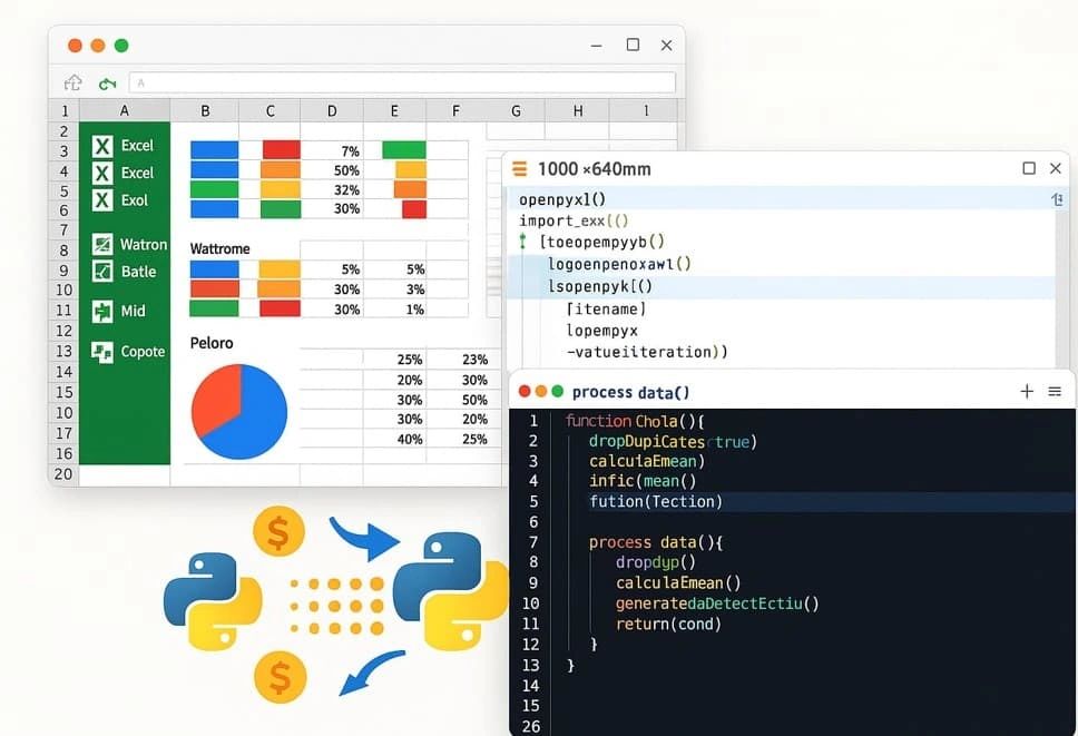 Modern illustration showing the integration of Microsoft Excel and Python for financial data analysis. The image features an Excel-like spreadsheet with colorful charts, paired with Python code editors that simulate data processing scripts. Python icons and currency symbols highlight automation and efficiency gains. Ideal for articles on Python automation, Excel text processing, and data cleanup for accountants and analysts.