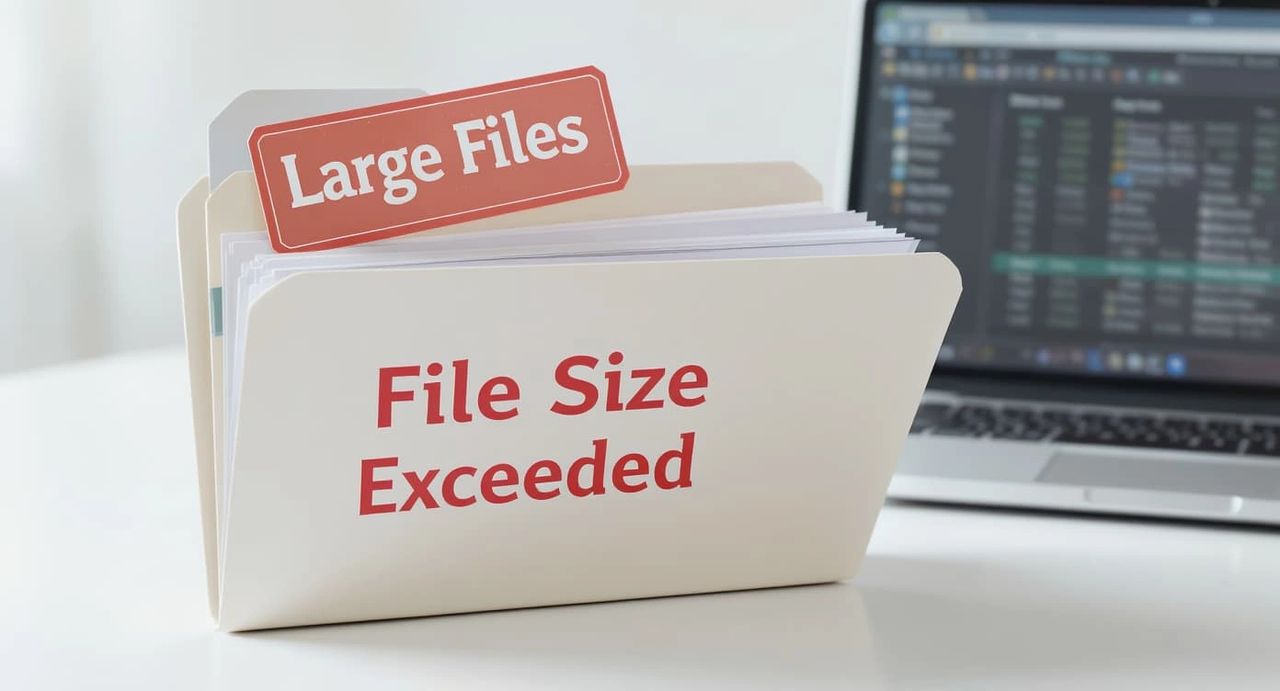 A brightly lit, slightly high-angle close-up shot focuses on a beige file folder sitting on a clean, white surface, likely a desk. The words "File Size" are printed in a bold, red, sans-serif font on the folder's front, with "Exceeded" printed directly below in the same style. A tab within the folder is visible, with a smaller orange-red rectangular label affixed to it that reads "Large Files" in white lettering. The folder appears to be stuffed with white papers or documents, indicating a substantial amount of data. In the blurred background, a laptop computer is partially visible, its screen showing a complex-looking interface with multiple windows, suggesting data analysis or software. The overall image visually represents the problem of dealing with large digital files and the limitations they can impose on data processing, directly relating to topics like Excel performance issues and the need for alternative data management solutions.