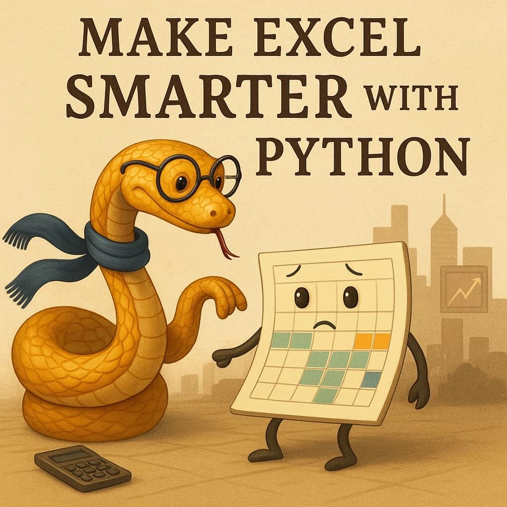 This whimsical realism illustration shows a friendly, scholarly-looking Python snake wearing glasses and a scarf, assisting a worried, anthropomorphic Excel spreadsheet character. The scene conveys the concept of "making Excel smarter with Python" through automation and integration. A calculator lies on the ground, and a subtle city skyline with a rising graph in the background symbolizes business growth and data progress. Ideal for articles about automating Excel with Python, data integration, and streamlining spreadsheet workflows. This whimsical realism illustration shows a friendly, scholarly-looking Python snake wearing glasses and a scarf, assisting a worried, anthropomorphic Excel spreadsheet character. The scene conveys the concept of "making Excel smarter with Python" through automation and integration. A calculator lies on the ground, and a subtle city skyline with a rising graph in the background symbolizes business growth and data progress. Ideal for articles about automating Excel with Python, data integration, and streamlining spreadsheet workflows.