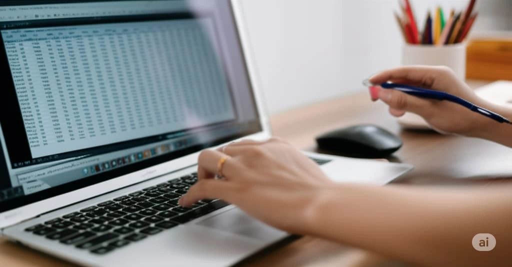 Caption: Lost in Spreadsheets: Reclaim Your Time from Manual Data Drudgery. Image Description for SEO: This eye-level close-up photograph captures a common office scenario illustrating the time-consuming nature of manual data work. The main focus is on a person's hands meticulously working on a laptop keyboard. On the screen, a densely populated spreadsheet application is visible, filled with rows and columns of data. The hands suggest repetitive actions, perhaps copying and pasting or manually entering information. A pen is held in the other hand, seemingly poised for more manual input. The overall impression is one of focused effort, yet also potential tedium and inefficiency. The slightly blurred background hints at a typical workspace with a computer mouse and possibly other office supplies, keeping the emphasis on the hands and the spreadsheet. This image is ideal for content discussing productivity, time management, data entry, Excel, spreadsheet software, automation, business efficiency, and the challenges of manual workflows. It visually represents the "hidden time sink" associated with repetitive data tasks in a professional context. Caption: Lost in Spreadsheets: Reclaim Your Time from Manual Data Drudgery. Image Description for SEO: This eye-level close-up photograph captures a common office scenario illustrating the time-consuming nature of manual data work. The main focus is on a person's hands meticulously working on a laptop keyboard. On the screen, a densely populated spreadsheet application is visible, filled with rows and columns of data. The hands suggest repetitive actions, perhaps copying and pasting or manually entering information. A pen is held in the other hand, seemingly poised for more manual input. The overall impression is one of focused effort, yet also potential tedium and inefficiency. The slightly blurred background hints at a typical workspace with a computer mouse and possibly other office supplies, keeping the emphasis on the hands and the spreadsheet. This image is ideal for content discussing productivity, time management, data entry, Excel, spreadsheet software, automation, business efficiency, and the challenges of manual workflows. It visually represents the "hidden time sink" associated with repetitive data tasks in a professional context.