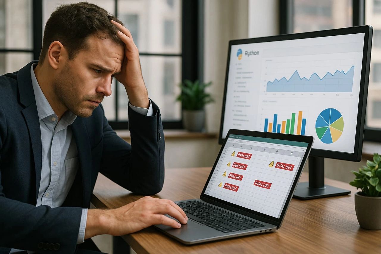 A stressed business analyst in a modern corporate office looks at a laptop screen filled with Excel formula errors and VALUE! warnings. Beside him, a second monitor displays a clean, professional Python-powered data dashboard with line charts, bar charts, and a pie chart. The image highlights the contrast between error-prone Excel spreadsheets and reliable Python automation for business reporting and data analysis. Keywords: Excel errors, Python automation, reliable dashboards, business reporting, data accuracy.