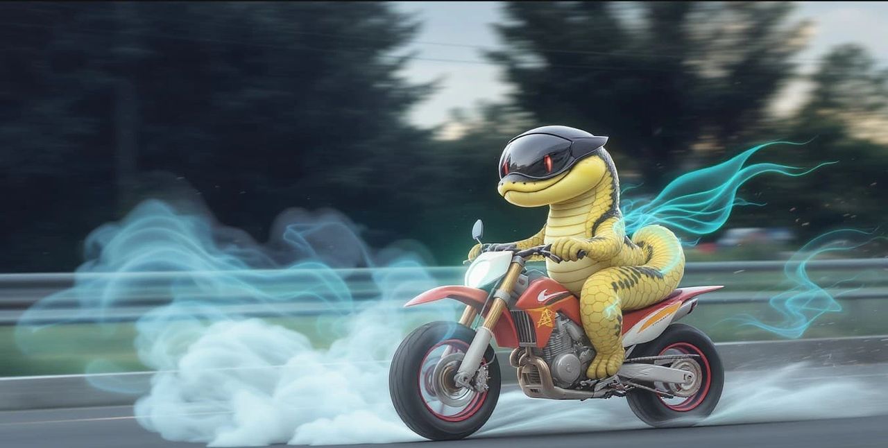 A cartoon-style python riding a racing motorcycle at high speed, wearing a helmet and goggles. Blue motion trails follow behind, symbolizing speed and performance. This visual metaphor highlights Python's power and agility compared to Excel's slower performance. A cartoon-style python riding a racing motorcycle at high speed, wearing a helmet and goggles. Blue motion trails follow behind, symbolizing speed and performance. This visual metaphor highlights Python's power and agility compared to Excel's slower performance.