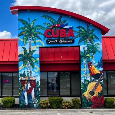 Colorful Cuban-themed bar and restaurant façade.