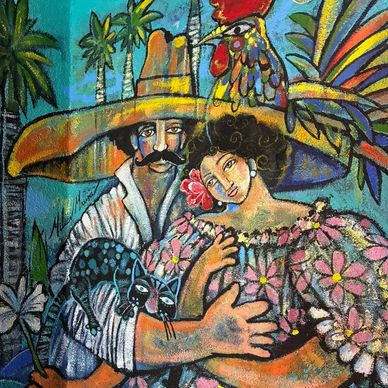 Colorful painting of a couple with a rooster and cat.