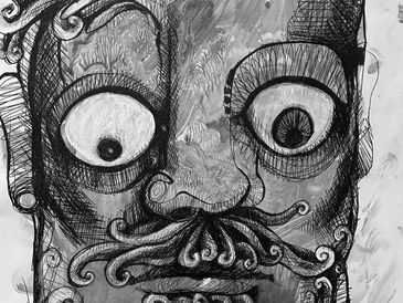 Dibujo abstracto de rostro con colores verde y naranja.