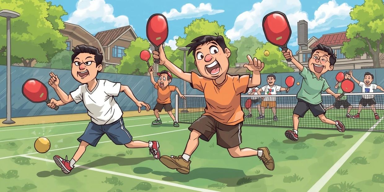 Animated boys energetically playing pickleball outdoors on a sunny day.