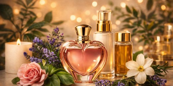 Elegant perfume bottles surrounded by flowers and a lit candle creating a warm ambiance.