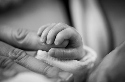 Black and white photo of a newborn's hand holding an adult's finger.