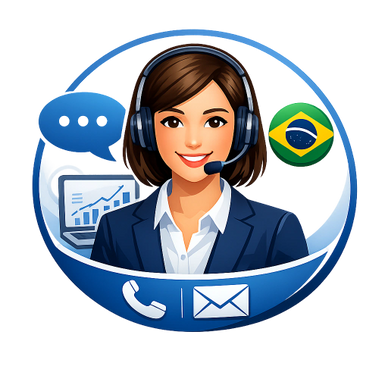 Female call center agent with headset and Brazil flag icon.