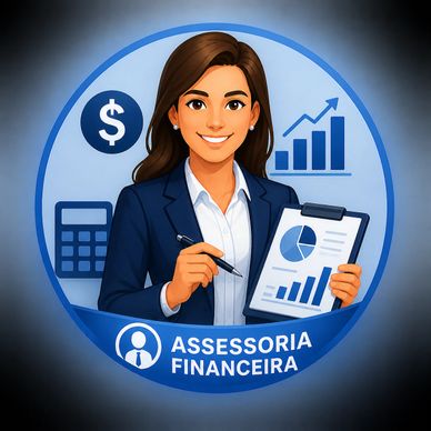 Professional woman offering financial advisory services with charts and calculator icons.