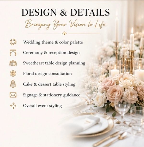 Wedding design and details services listed.