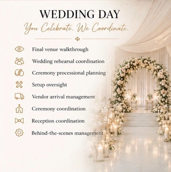 Wedding day coordination services list with elegant floral arch setup.