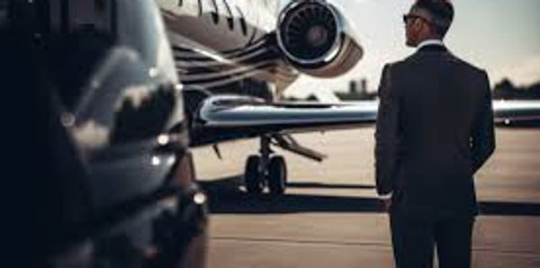 Executive protection agent near a private jet, ensuring secure travel.