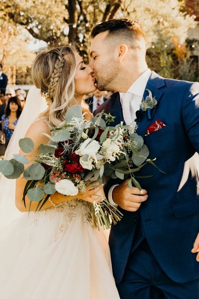 Bride Groom Kissing Bridal Bouquet Red White Eucalyptus