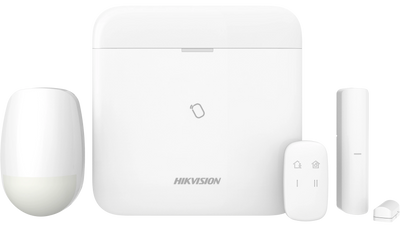 Hikvision home security system with sensors and remote control.