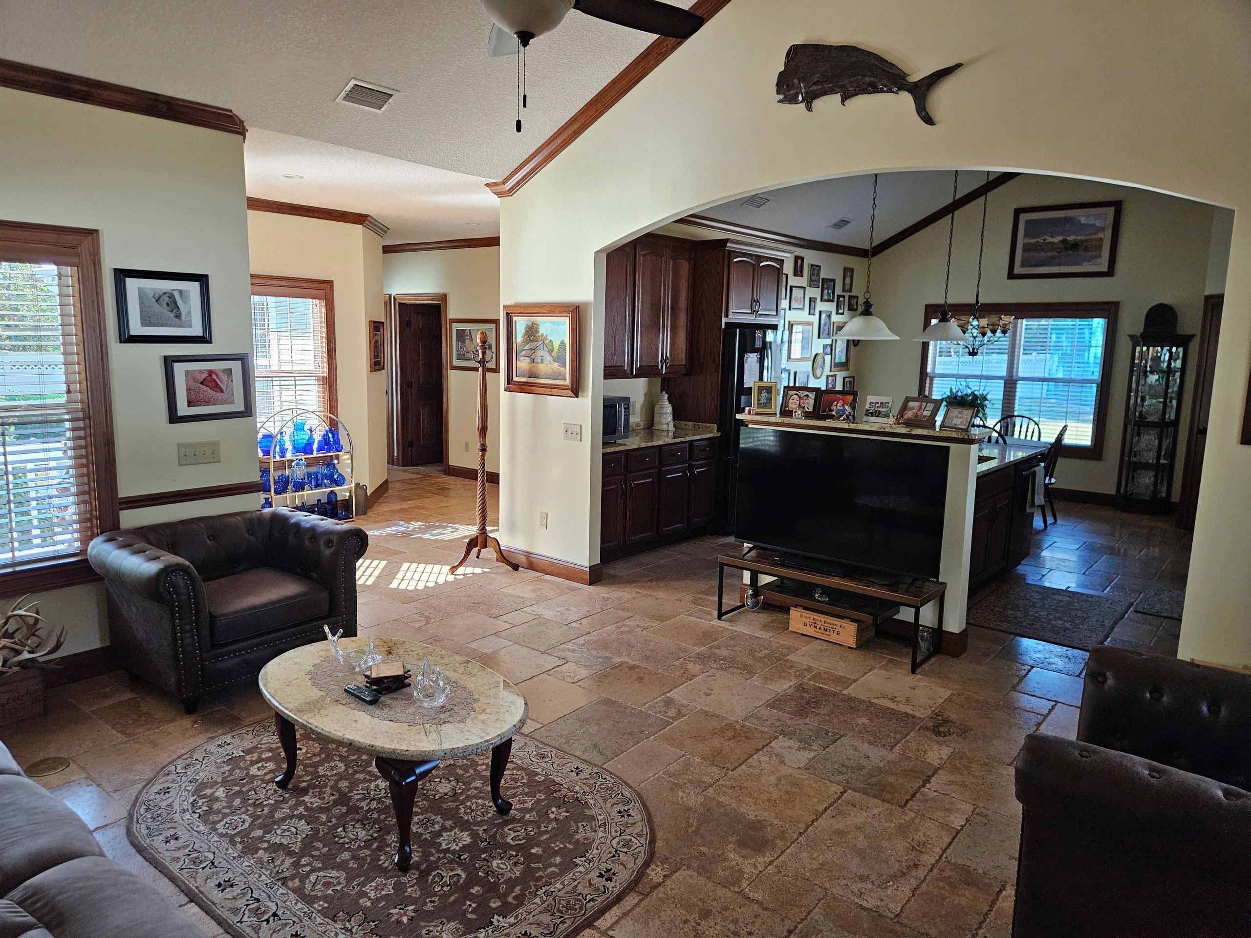 View from family sitting area into prep area for caterers.