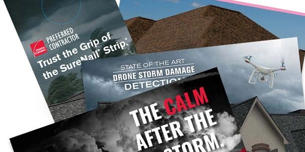 Flyer collage showcasing drone storm damage detection and roofing services.