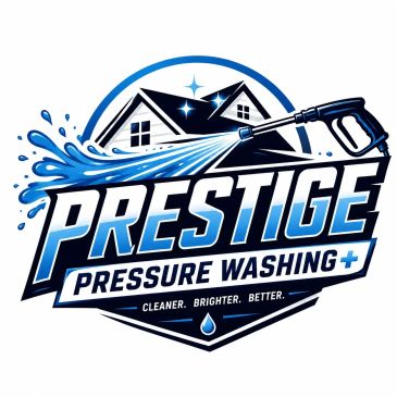 Logo for Prestige Pressure Washing with water spray and house.