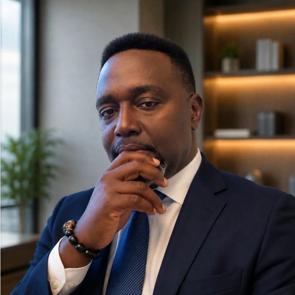 Thoughtful man in suit with hand on chin.
