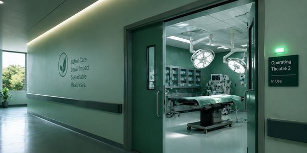 View of a modern operating theatre with the door open, showing surgical lights and equipment.