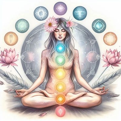 7 Chakras human body, Yoga meditation, aura, spiritual symbols, balancing your life in nature. 