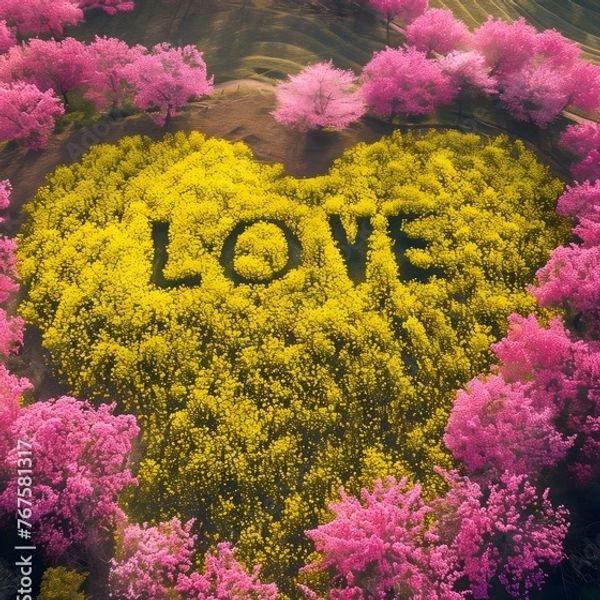 Arial image of a green forest in the shape of a heart, the word love and pink trees along the border