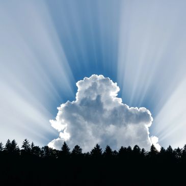 Sun rays burst from behind a large cloud over a forest silhouette
