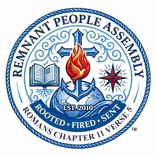 Emblem of Remnant People Assembly with a cross, flame, globe, and Bible.