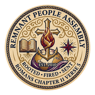 Emblem of Remnant People Assembly featuring a cross, flame, book, compass, and scripture reference.