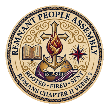 Emblem of Remnant People Assembly featuring a cross, flame, book, compass, and scripture reference.