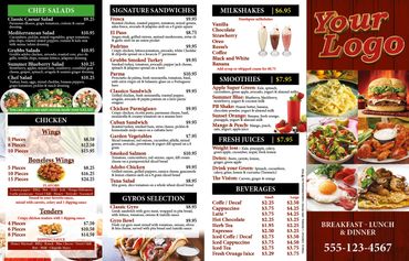 Colorful restaurant menu featuring salads, chicken, sandwiches, smoothies, and beverages.