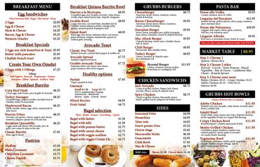 Breakfast menu featuring egg sandwiches, burritos, pastries, and more.