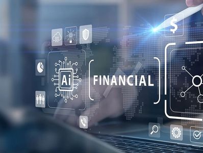 Digital financial technology interface with AI and data icons over a laptop.