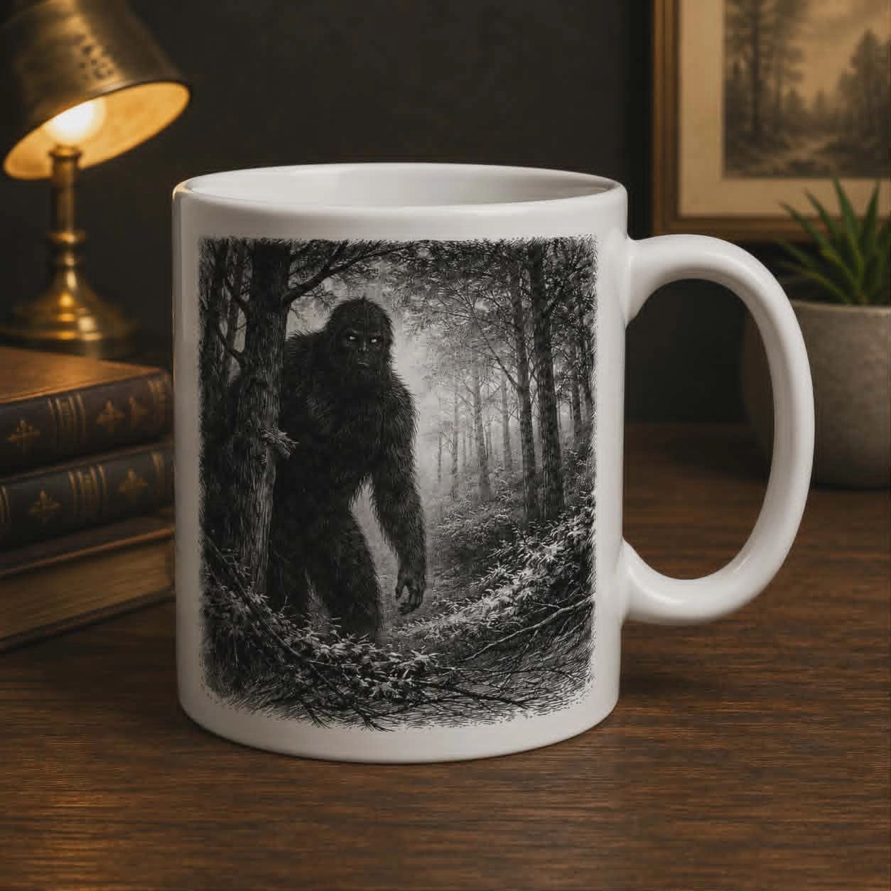 White mug with black and white Bigfoot illustration in a forest setting.