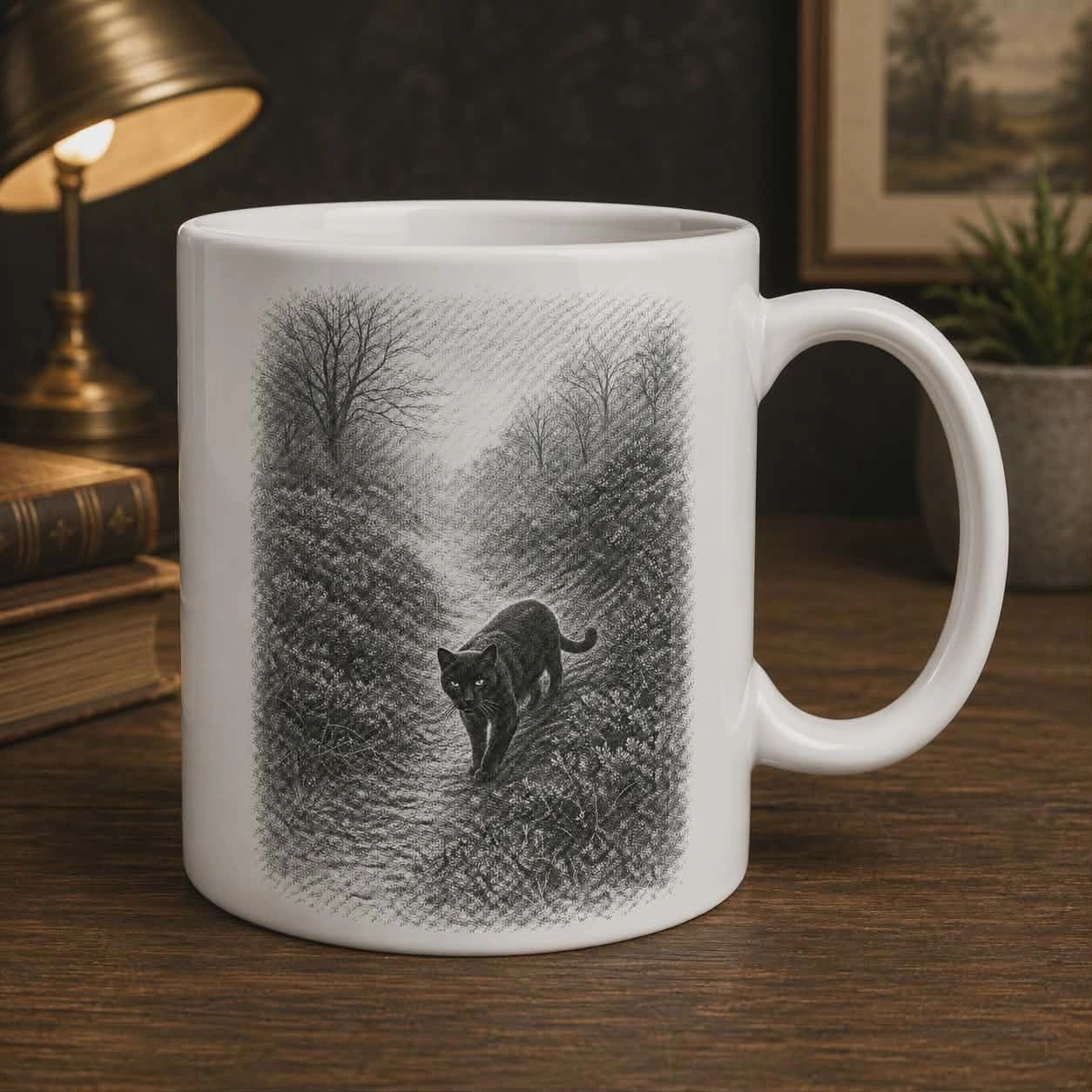 White mug with detailed black cat and forest path sketch.