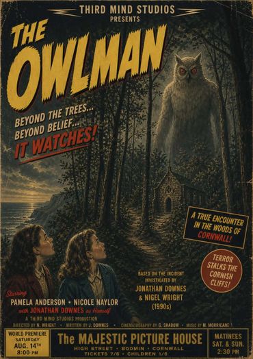 Vintage movie poster for horror film 'The Owlman' set in Cornwall woods.