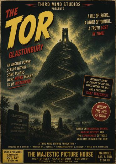 Vintage poster for 'The Tor Glastonbury' with a mysterious hill and tower.