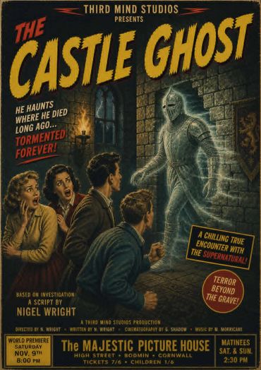 Vintage horror movie poster showing a ghostly knight and frightened onlookers.