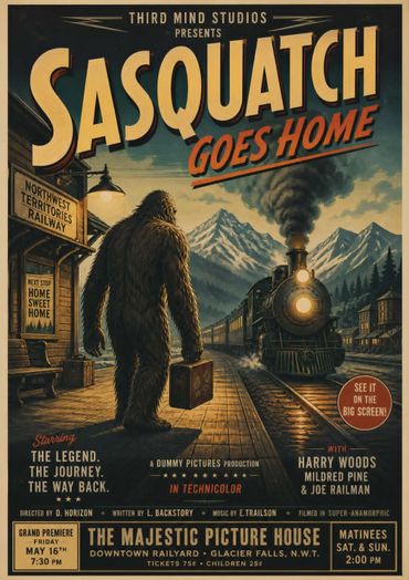 Vintage movie poster for 'Sasquatch Goes Home' featuring Sasquatch with a suitcase at a train station.