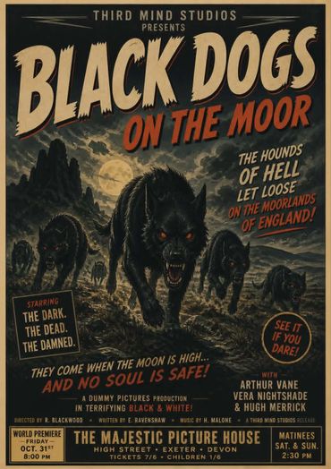 Vintage horror movie poster featuring menacing black dogs under a full moon.
