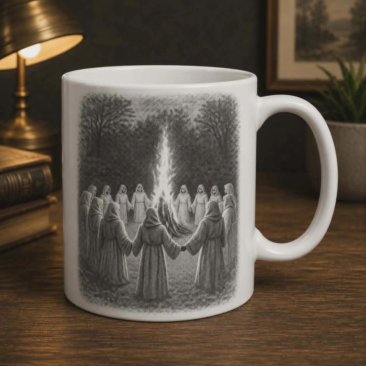 White mug with eerie illustration of hooded figures holding hands around a tall bonfire.