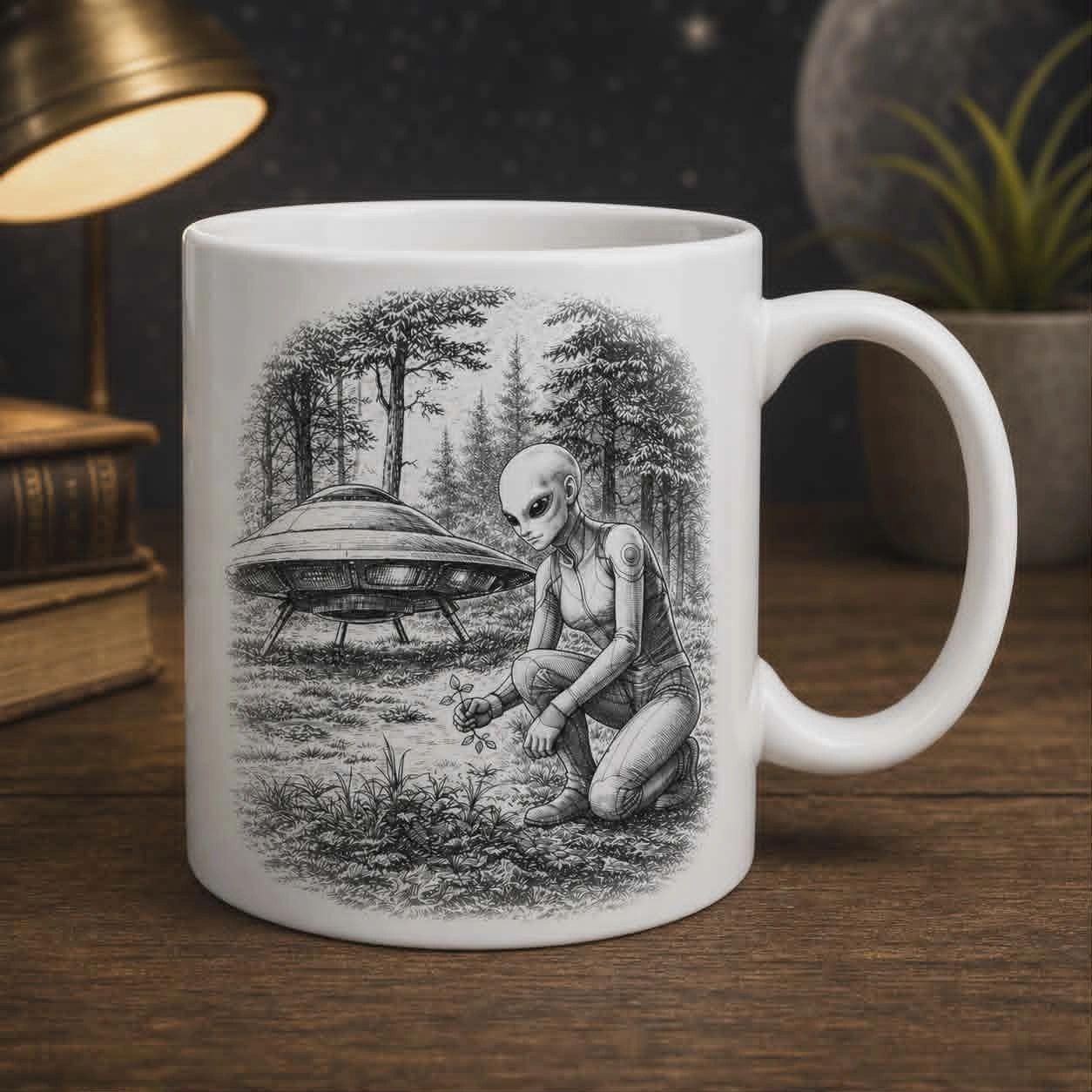 White mug with a detailed alien and UFO illustration in a forest.