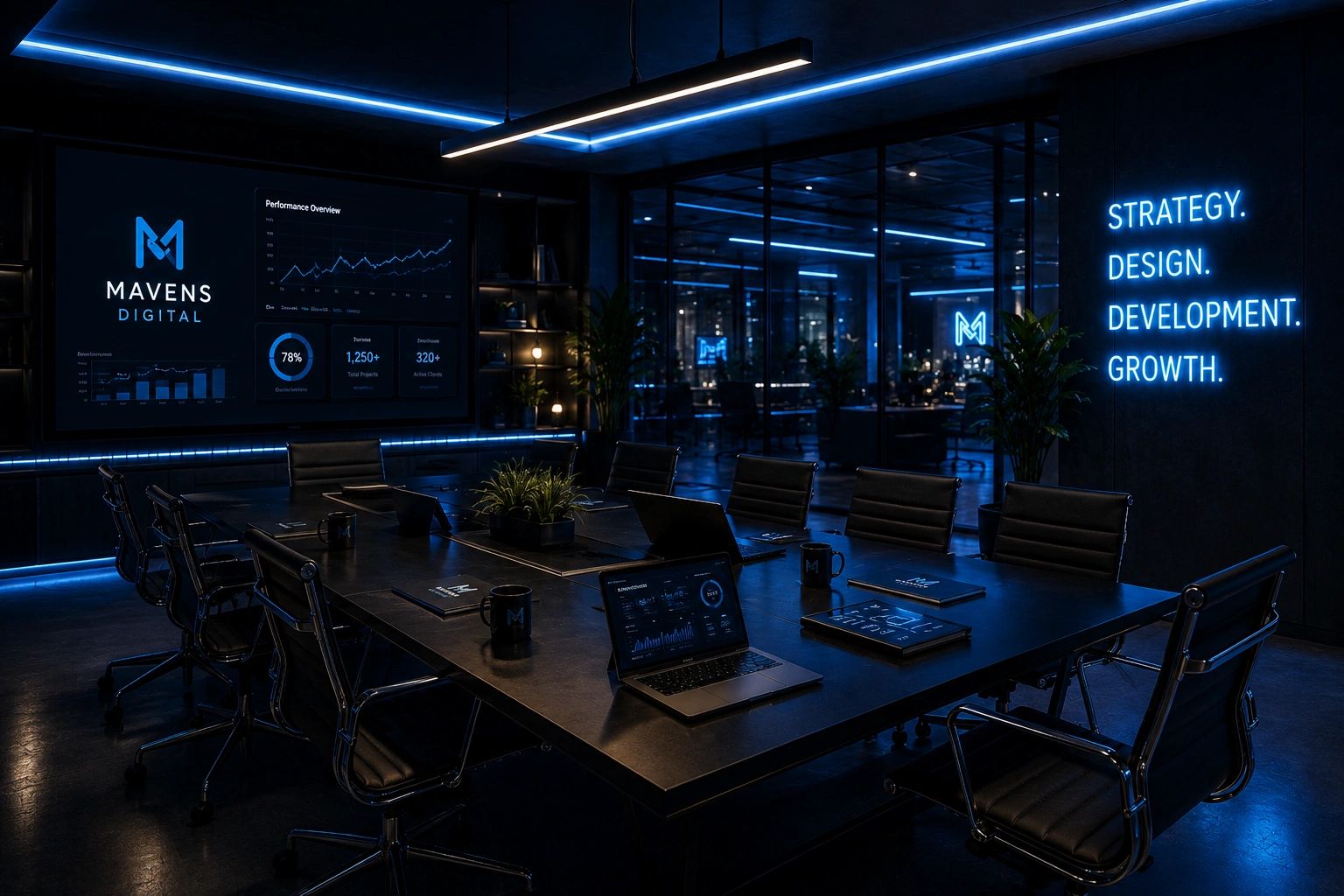 Modern conference room with digital displays and blue neon lighting.